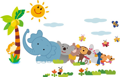 Decor vibe 68 cm Jungle Cartoons Cute Animals Standard Size -68cmx55cm Self Adhesive Sticker(Pack of 2)