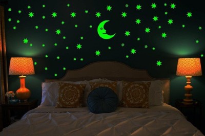 DreamKraft 5.08 cm Moon and 69 Star Glow in the Dark Glowing Sticker For Kids Room and Bedroom Glow in the Dark Sticker(Pack of 1)