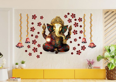 DivineDesigns 46 cm Shree Ganesh with Leaves & Bells Wall Sticker Self Adhesive Sticker(Pack of 1)