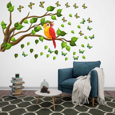 Decor Villa 58 cm Tree with Parrot Removable Sticker(Pack of 1)