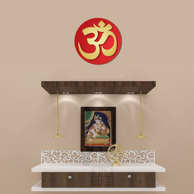 Asmi Collections 20 cm Beautiful 3D Acrylic Golden & Red Om for Temples Self Adhesive Sticker(Pack of 1)