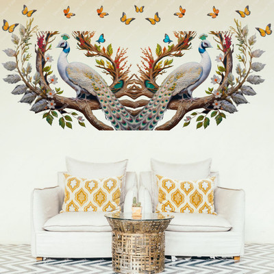 Decor Villa 48 cm Peacock with Butterfly Removable Sticker(Pack of 1)