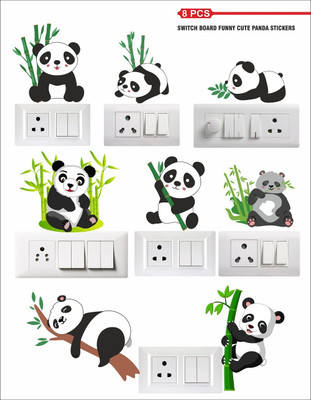 Stikor 30.5 cm Cute Baby Panda Tree 8 Pcs Switch Board PVC Vinyl Removable Sticker(Pack of 8)