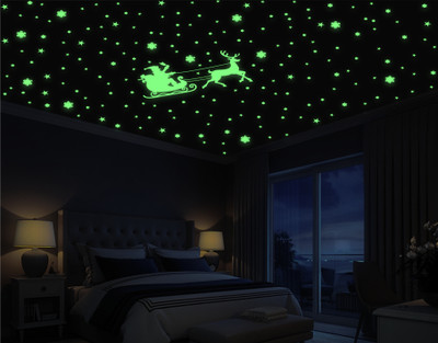 DreamKraft 25 cm Glow in the Dark Sticker Set - Santa Claus with Deer and Snowflakes Design Self Adhesive Sticker(Pack of 1)