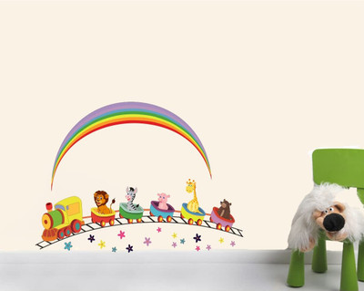 INKEDIFY 85 cm Joy Animals Train with Rainbow Wall Sticker Self Adhesive Sticker(Pack of 1)