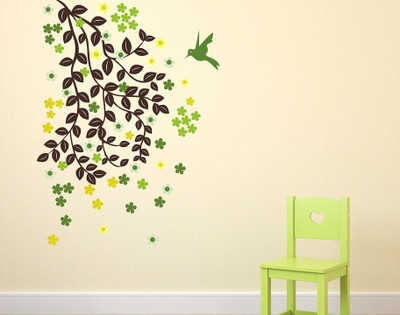 Remer 69 cm Tree leaf with bird wallsticker Self Adhesive Sticker(Pack of 2)