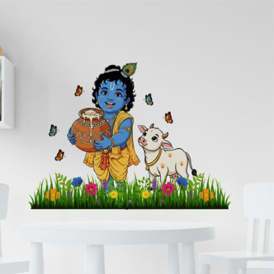 Decal O Decal 60 cm Cute Bal Krishna with Butter Pot and Calf For Kids Room & Pooja Room Décor Self Adhesive Sticker(Pack of 1)
