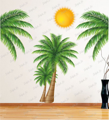Divine Printry 72 cm Size, Palm Coconut Tree and Sun Design Wall Sticker Self Adhesive Sticker(Pack of 1)