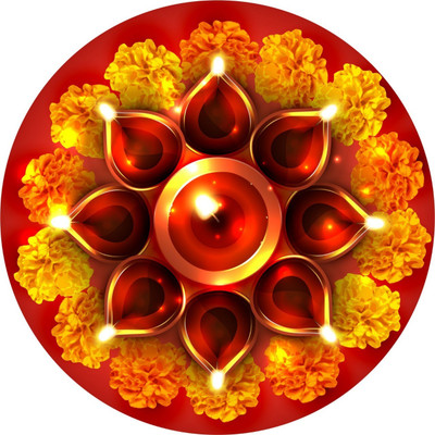 RECKZOZ 32 cm Aarti Glow Diya & Marigold Rangoli 32x32 cm & Switch Board Sticker Set Self Adhesive Sticker(Pack of 1)