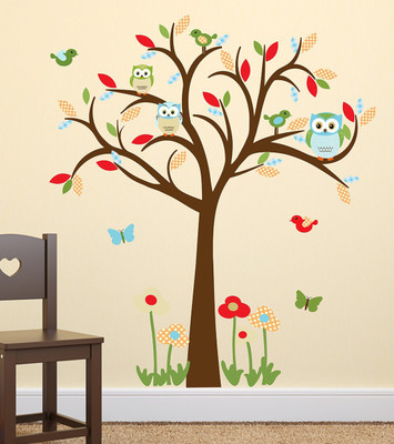 WALLARSH 100 cm Colorful Tree With Owls Self Adhesive Sticker(Pack of 1)