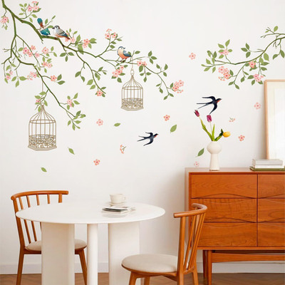 MY WALLORA 128 cm Flowers Green leaves Branch Birdcage Wall Stickers Self Adhesive Sticker(Pack of 1)