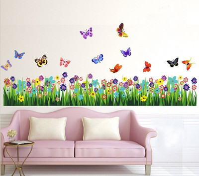 GLOBAL GRAPHICS 122 cm Beautiful Grass colorful butterflyes wall multicolor wall sticker for made home beautiful Reusable Sticker(Pack of 1)