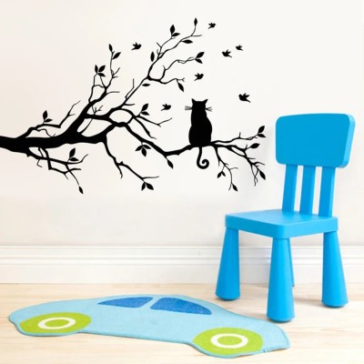 SnappyVinyl 38 cm Cat on a tree branch wall sticker Self Adhesive Sticker(Pack of 1)