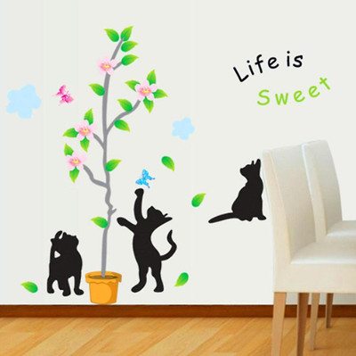SmartWindow 50 cm Black Lovely Cats Butterflies Leaves PVC Vinyl Wall Sticker (50CM x 70CM) Self Adhesive Sticker(Pack of 1)