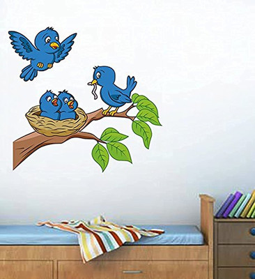 MEERANGI 60 cm Cute Blue Birds on Tree Branch Wall Sticker for Kids Room – Size: 30cm x 60cm Self Adhesive Sticker(Pack of 1)