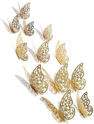 Leplion 12 cm 3D Gorgeous Shiny Gold Butterfly Stickers with Sticking Pads Self Adhesive Sticker(Pack of 12)