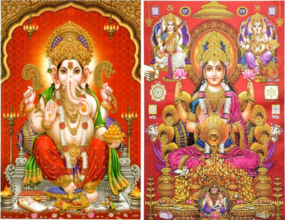 TATMODS 45.72 cm God Ganesh Ji with Laxmi Ji Posters ComboFor School Decor Pack of 2 Reusable Sticker(Pack of 2)