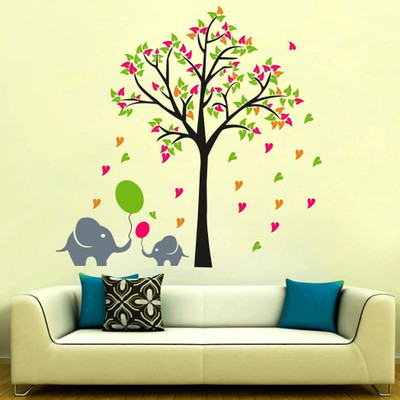 ArtsCafe 70 cm Colorful Tree With Elephant and Baloon Design Wall Sticker (67*70 cm) Self Adhesive Sticker(Pack of 1)