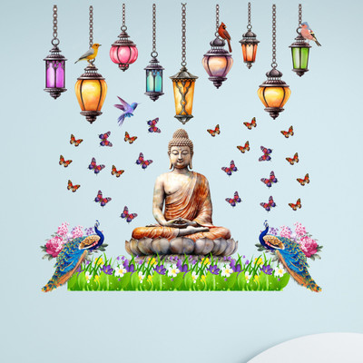 Ridit Creatio 80 cm Lord Buddha with Lamps and Two peacock Self Adhesive Sticker(Pack of 1)