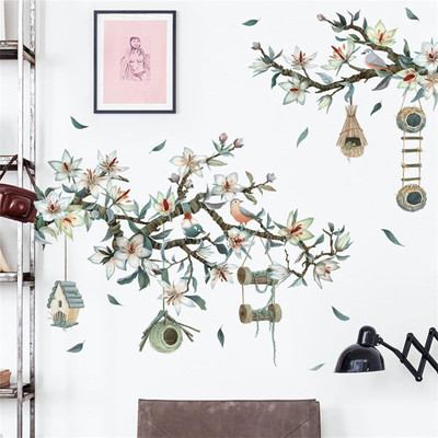 SmartWindow 30 cm Magnolia Flower Bird and Tree Decals Wall Stickers (30 CM X 90 CM, 2 Sheets) Self Adhesive Sticker(Pack of 1)
