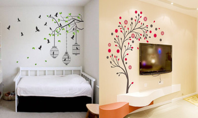 GharKraft 90 cm Ghar Kraft Set Of 2 Flying Bird With Cage And Magical Tree Wall Sticker Self Adhesive Sticker(Pack of 2)