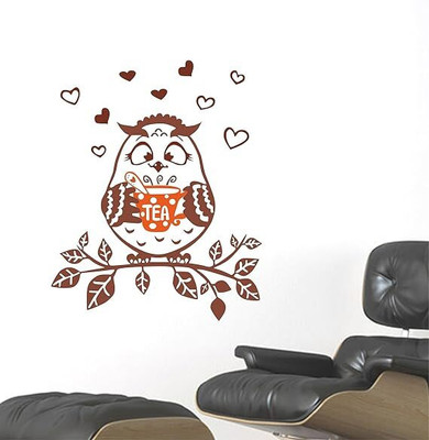 BPARTS 12 inch Cute Owl Drinking Tea Wall Sticker Reusable Sticker(Pack of 1)