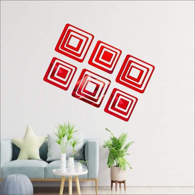 HAPPINY 14 cm 18 Square Red, 3D Acrylic Six Size Square Mirror Stickers for Wall Self Adhesive Sticker(Pack of 1)