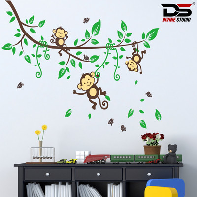 Divine studio 45 cm Trending Monkey Tree Cartoon Wall Sticker Self Adhesive Sticker(Pack of 1)