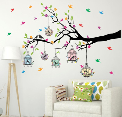Riditcreation 50 cm Beautiful Tree Branch and cages Self Adhesive Sticker(Pack of 1)
