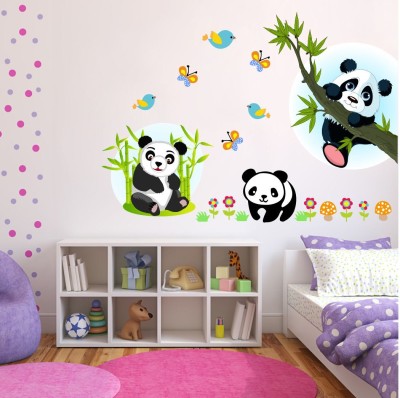 Dilight Art 72 cm Size, Beautiful Baby Panda-Butterfly-Flower Design Wall Self Adhesive Sticker(Pack of 1)