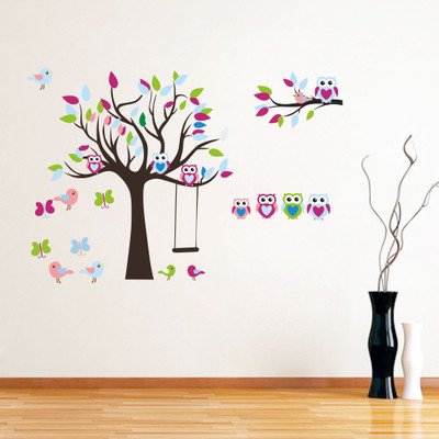 Divine Printry 80 cm Size, Tree With Colorful Leaf-Birds-Butterfly-Owl Design Wall Self Adhesive Sticker(Pack of 1)