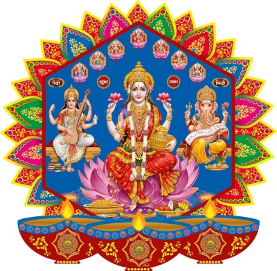 ZEN TREK 45 cm Laxmi Ganesh & Saraswati Ji with Blue Background Self Adhesive Sticker(Pack of 1)