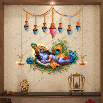 DivineDesigns 56 cm Krishna Ji on Peacock Feather Self Adhesive Sticker(Pack of 1)