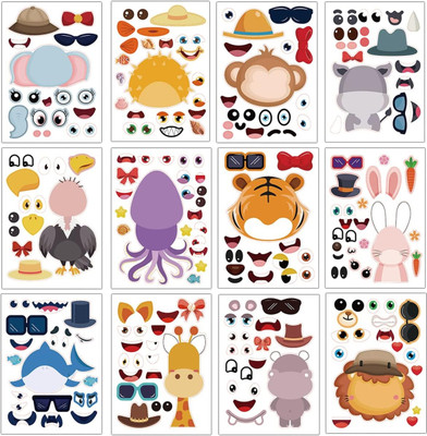 HASTHIP 2 cm Make a Face Sticker Set DIY Animal Face Game Fun Activity for Kids 12 Sheets Removable Sticker(Pack of 12)