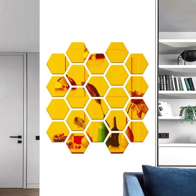 HAPPINY 12 cm 22 Hexagon (10.5 x 12.1 cm) Golden, 3D Acrylic Mirror Stickers for Wall Self Adhesive Sticker(Pack of 1)