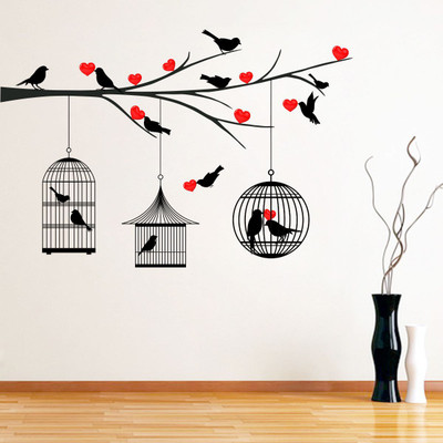 GraphicsDecor 93 cm Size,Tree With Birds and cages Design Wall Sticker Self Adhesive Sticker(Pack of 1)