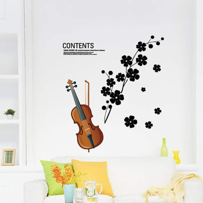 SmartWindow 45 cm Guitar Music with Black Flower Self Adhesive Wall Sticker (45CM x 60CM) Self Adhesive Sticker(Pack of 1)