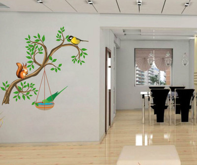 Sahaj Décor 12 inch Decorative Wall Tree With Parrot Sparrow & Squirrel Entrance|Size 13X12 Inch Self Adhesive Sticker(Pack of 1)