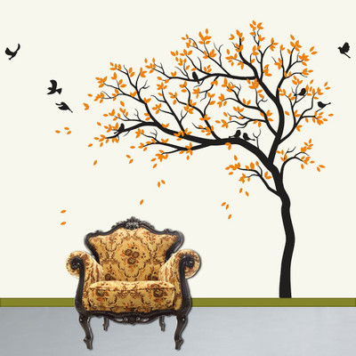 walkart 2.54 cm autumn feel of trees with flying birds Removable Sticker(Pack of 1)