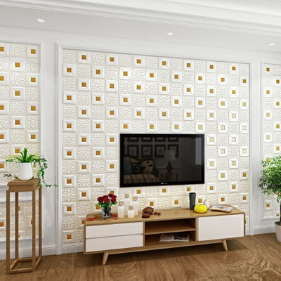 Onbet 70 cm 3D Decorative Foam White With Gold Wallpaper (70X70 CM) Self Adhesive Sticker(Pack of 6)