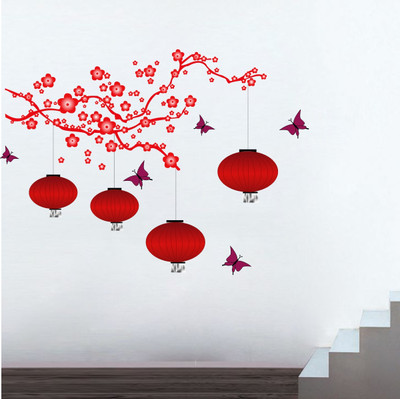 Decor Villa 90 cm Red Chinese Tree and butterflies Self Adhesive Sticker(Pack of 1)