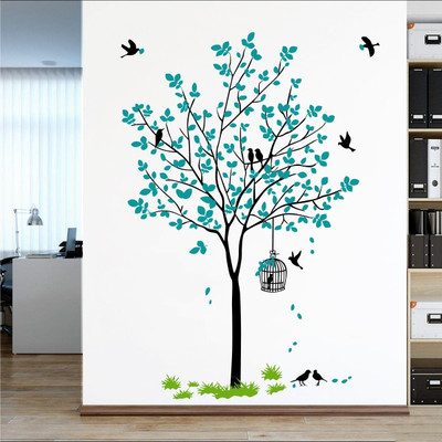Inkfence 120 cm Wall Decal Sticker ' Blue Tree With Birds Cage And Nest ' Self Adhesive Sticker(Pack of 1)
