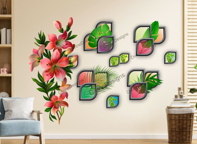 DivineDesigns 61 cm Lily Flowers Tree Leaves Mirror Wall Sticker Self Adhesive Sticker(Pack of 1)