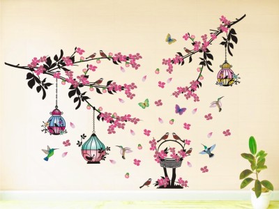 Heaven Decors 140 cm Tree Branch With Flower And Birds Cage Nature Stickers ( size 140x101 cm ) Self Adhesive Sticker(Pack of 1)