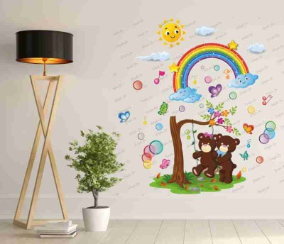 Dilight Art 80 cm Size, Tree-Baby Bear-Flowers-Rainbow-Butterflies-Sun-Sky Design Wall Sticker Self Adhesive Sticker(Pack of 1)