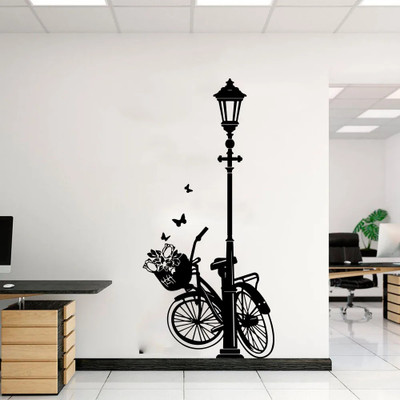 SnappyVinyl 120 cm Modern Bicycle and Lampost Butterfly Self Adhesive Sticker(Pack of 1)