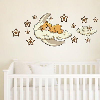 WALLDECORS 60.96 cm LITTLE TEDDY SLEEPING IN BED WITH DREAMS IMAGE Self Adhesive Sticker(Pack of 1)