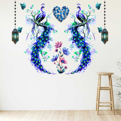 ENEMYSTICKERS 80 cm Double Peacock with Flowers & Hanging Lamps PVC Vinyl Home Décor (80 x 61 cm) Self Adhesive Sticker(Pack of 1)