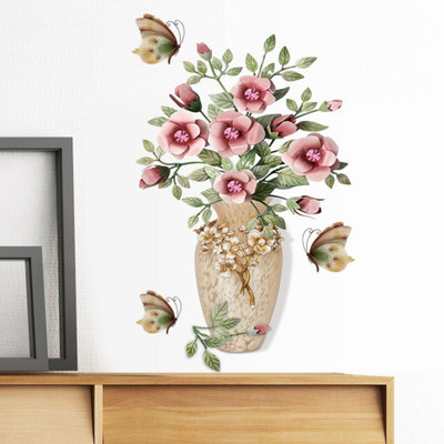 JAAMSO ROYALS 60 cm 3D Pink Flower Arranging and Vase Wall Sticker ( 45 CM x 60 CM) Self Adhesive Sticker(Pack of 1)