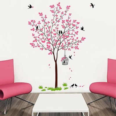 Decal O Decal 1 cm Pink Tree With Birds Cage And Nest Self Adhesive Sticker(Pack of 2)